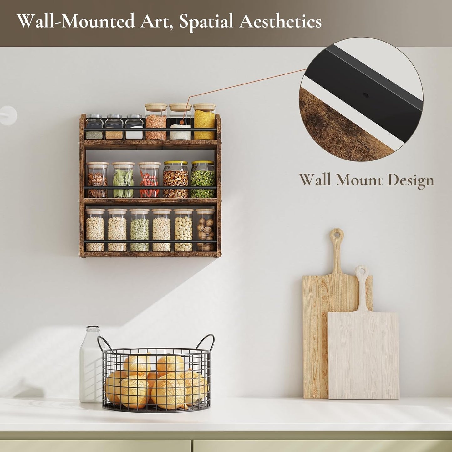 Spice Rack Wall Mounted, Wood 3 Tier Spice Rack for Countertop