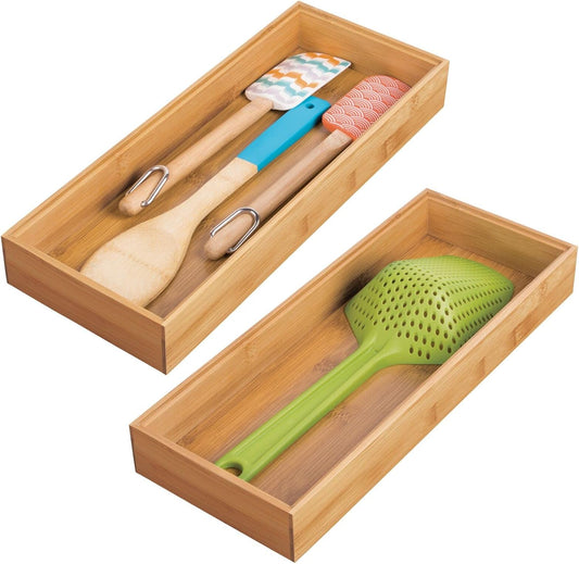 Wooden Bamboo Drawer Organizer - 15" Long Stackable Storage Box Tray for Kitchen Drawers/Cabinet
