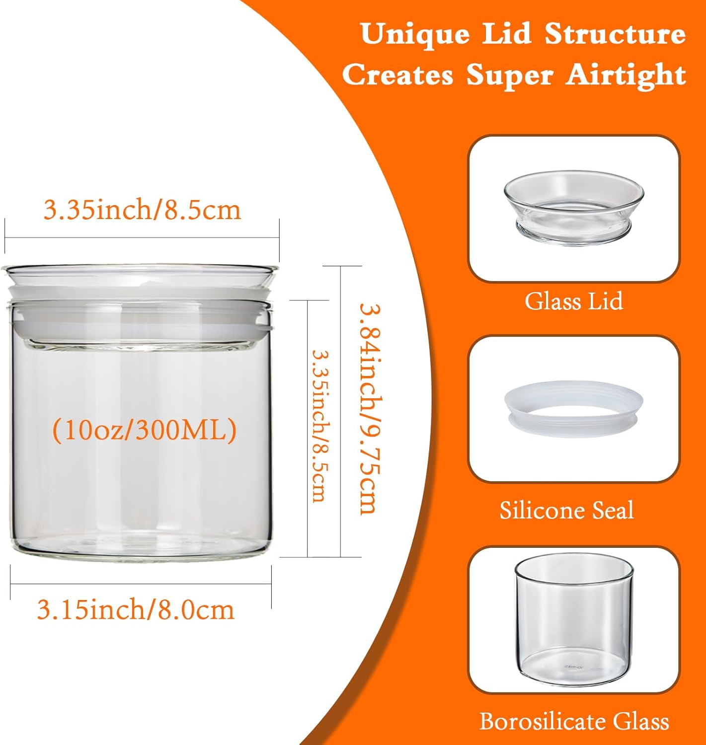 10oz Glass Jars with Airtight Lid, 4 Pack Glass Kitchen Canisters Set for Spice, Loose Tea