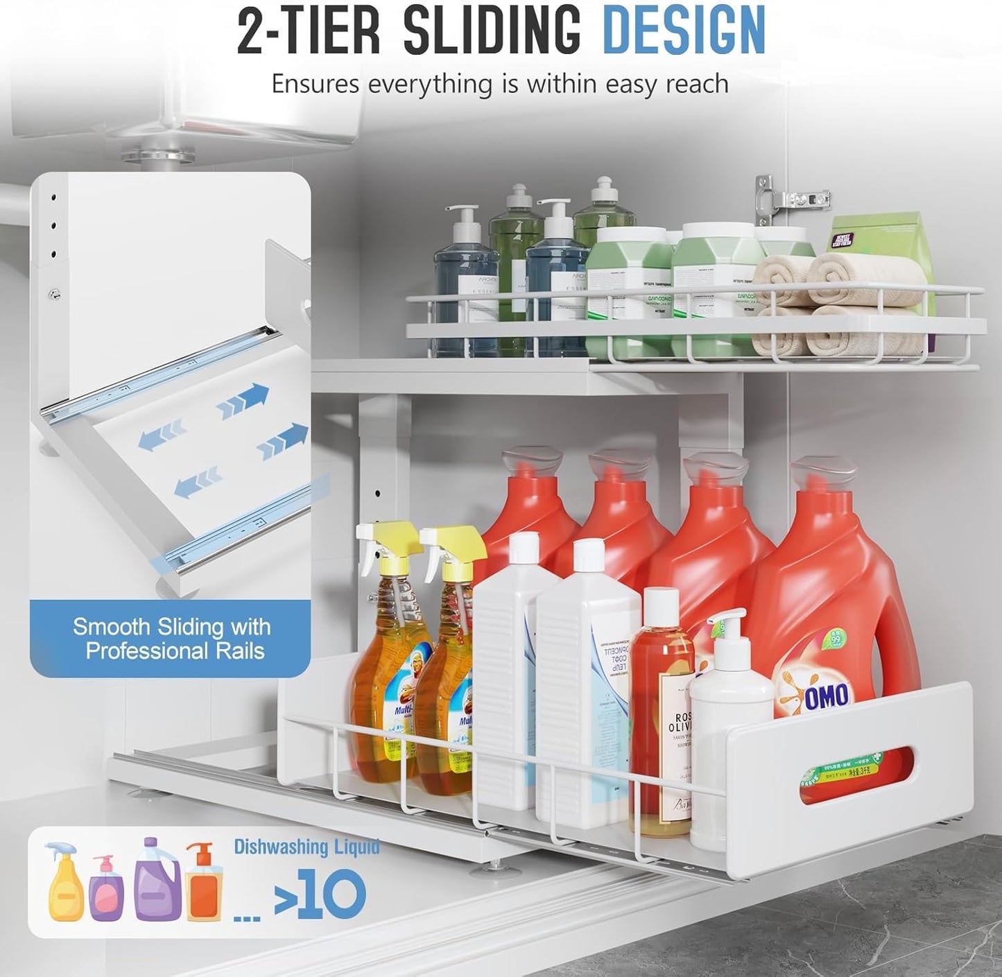 Under Sink Organizer Upgrade To Professional Rails,2-Tier Dual Pull Out Cabinet Storage,Height Adjustable Slide Out Drawers For Bathroom Kitchen,2 Pack-14.5"Dx12.8"-16.9"H,White