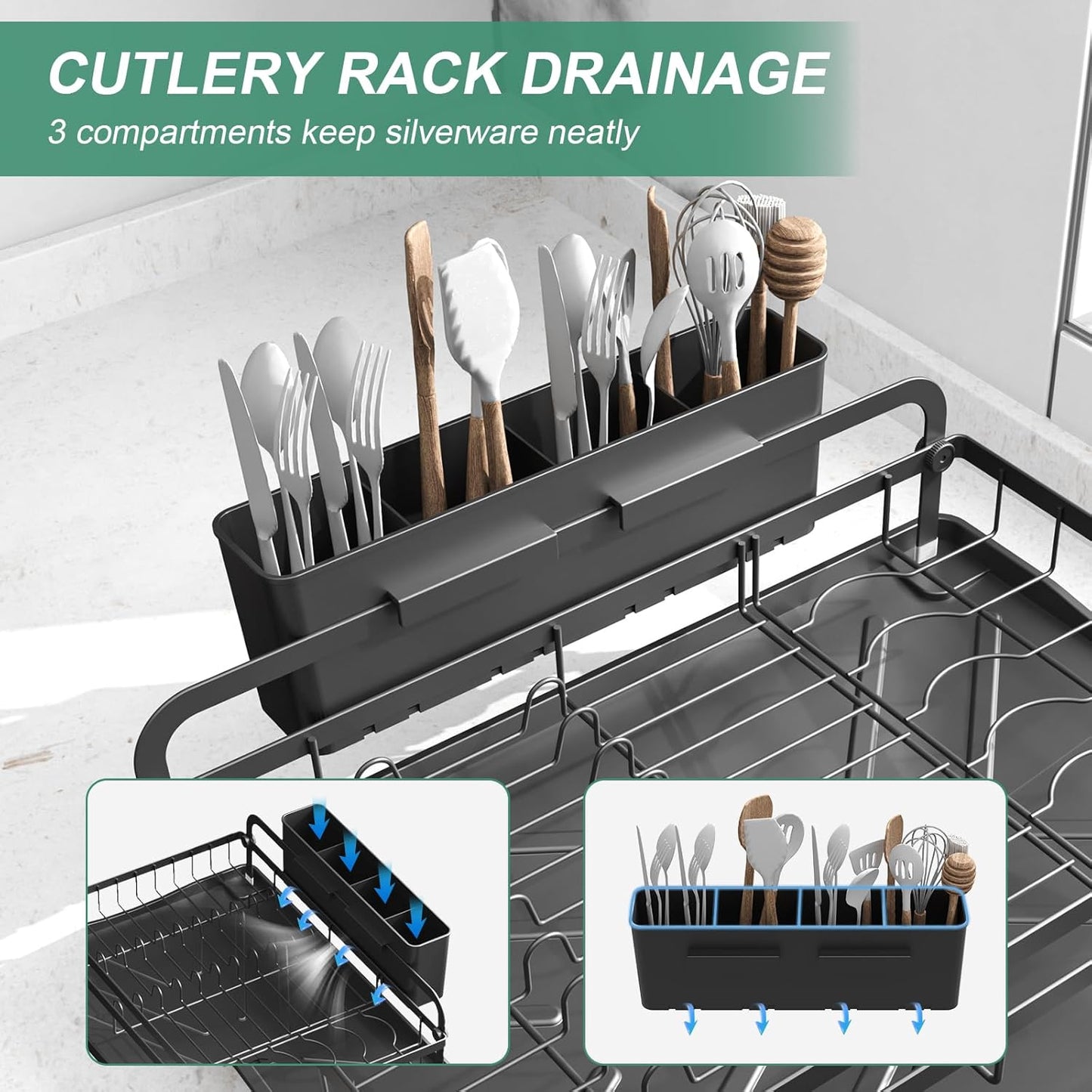 Dish Drying Rack for Kitchen Counter, Large Dish Drying Rack with Utensil Holder & Cutlery Tray