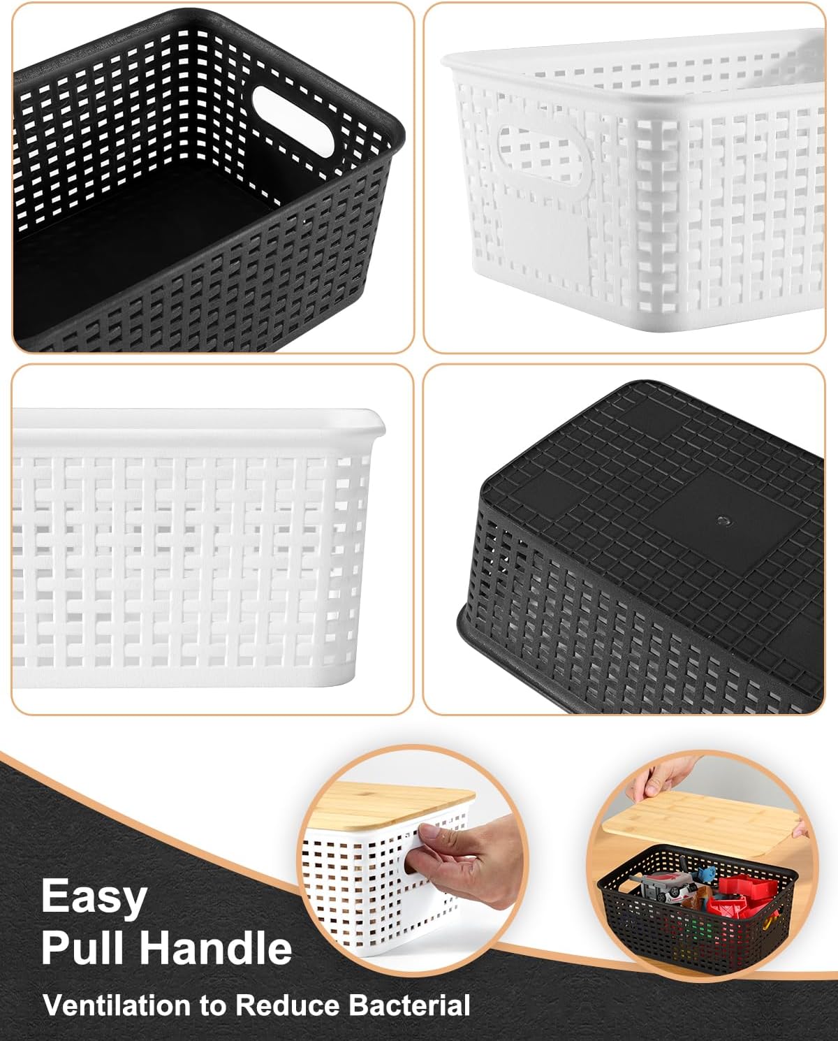 Plastic Storage Baskets with Bamboo Lids for Pantry Organization and Storage Containers Bins for Shelves Drawers Desktop Closet Playroom Classroom Office Home, 6 Pack,White