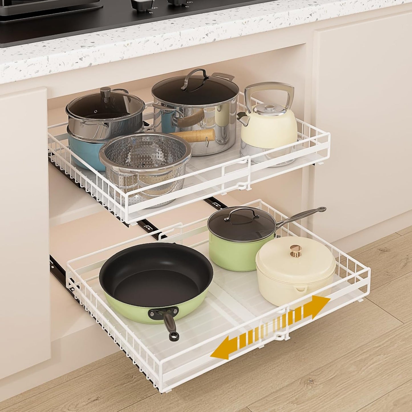2 Pack Pull Out Cabinet Organizer, Expandable(12"-20") Slide Out Drawers 3 Slide Rails Fix with Adhesive or Screw, Roll Out Shelves for Kitchen Cabinet Organization, White