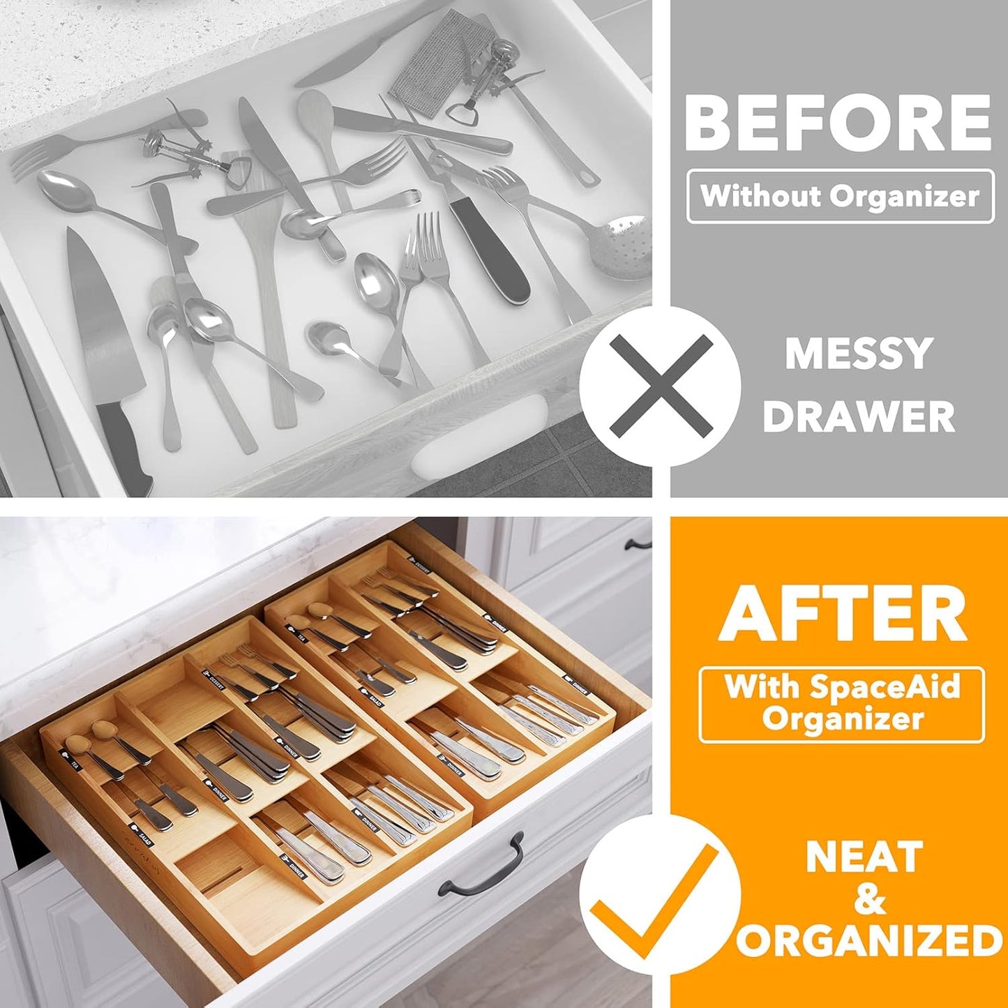 Bamboo Silverware Drawer Organizer with Labels, Kitchen Utensil Tray Holder Organizer for Flatware