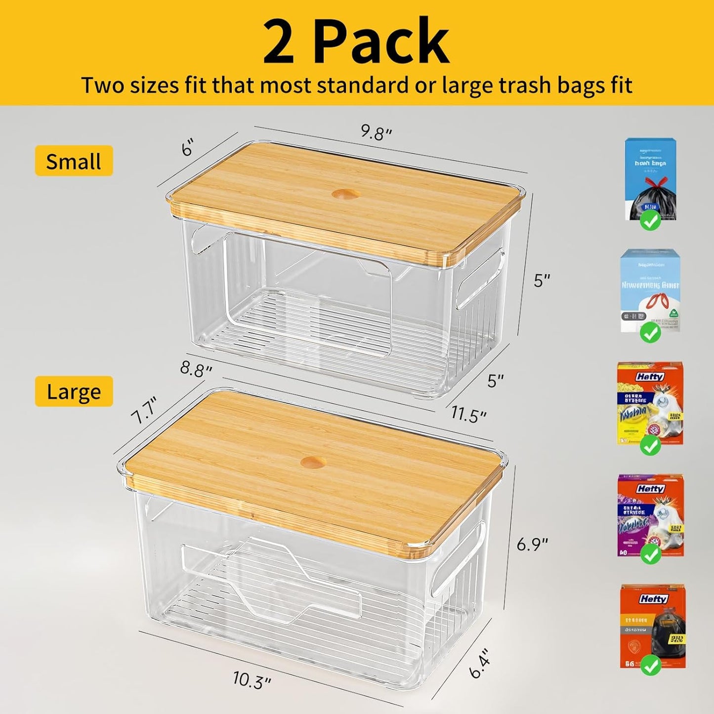 2 Pack Trash Bag Holder with Bamboo Lid, Stackable Garbage Bag Dispenser Under Sink