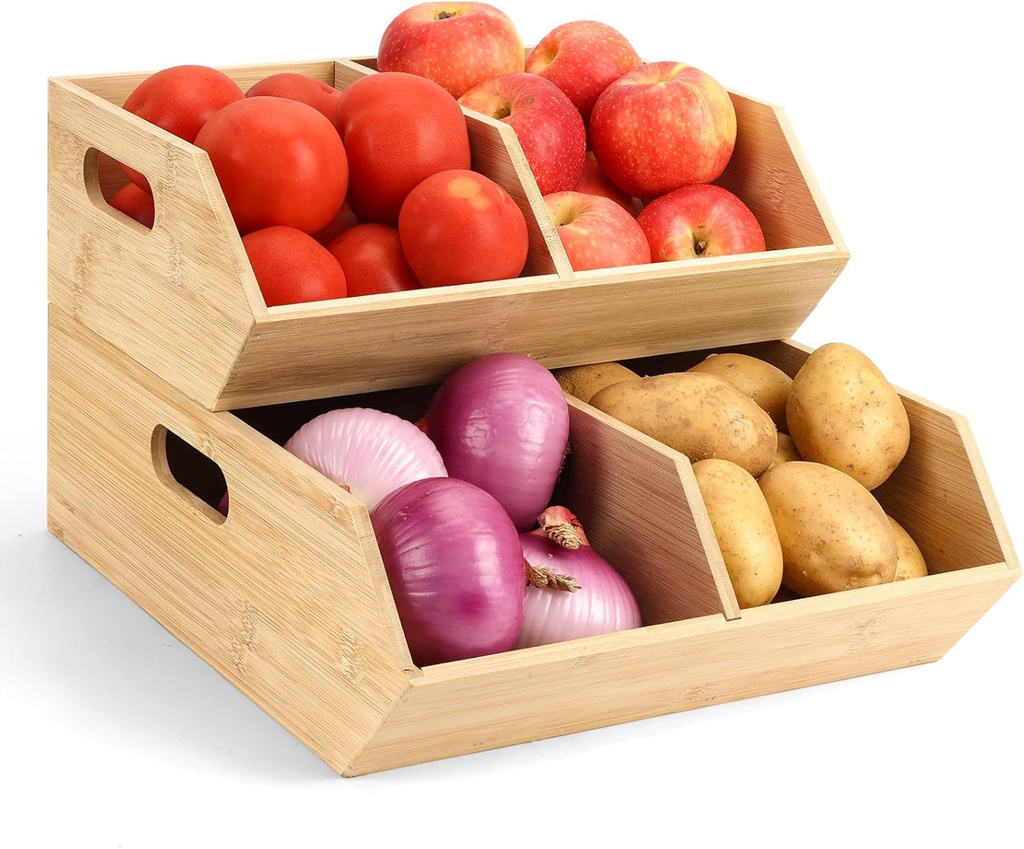 2 Set Pantry Organizers and Storage Bins, Bamboo Stackable Baskets for Potatoes, Onion, Bread