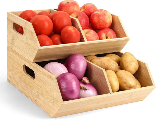 2 Set Pantry Organizers and Storage Bins, Bamboo Stackable Baskets for Potatoes, Onion, Bread