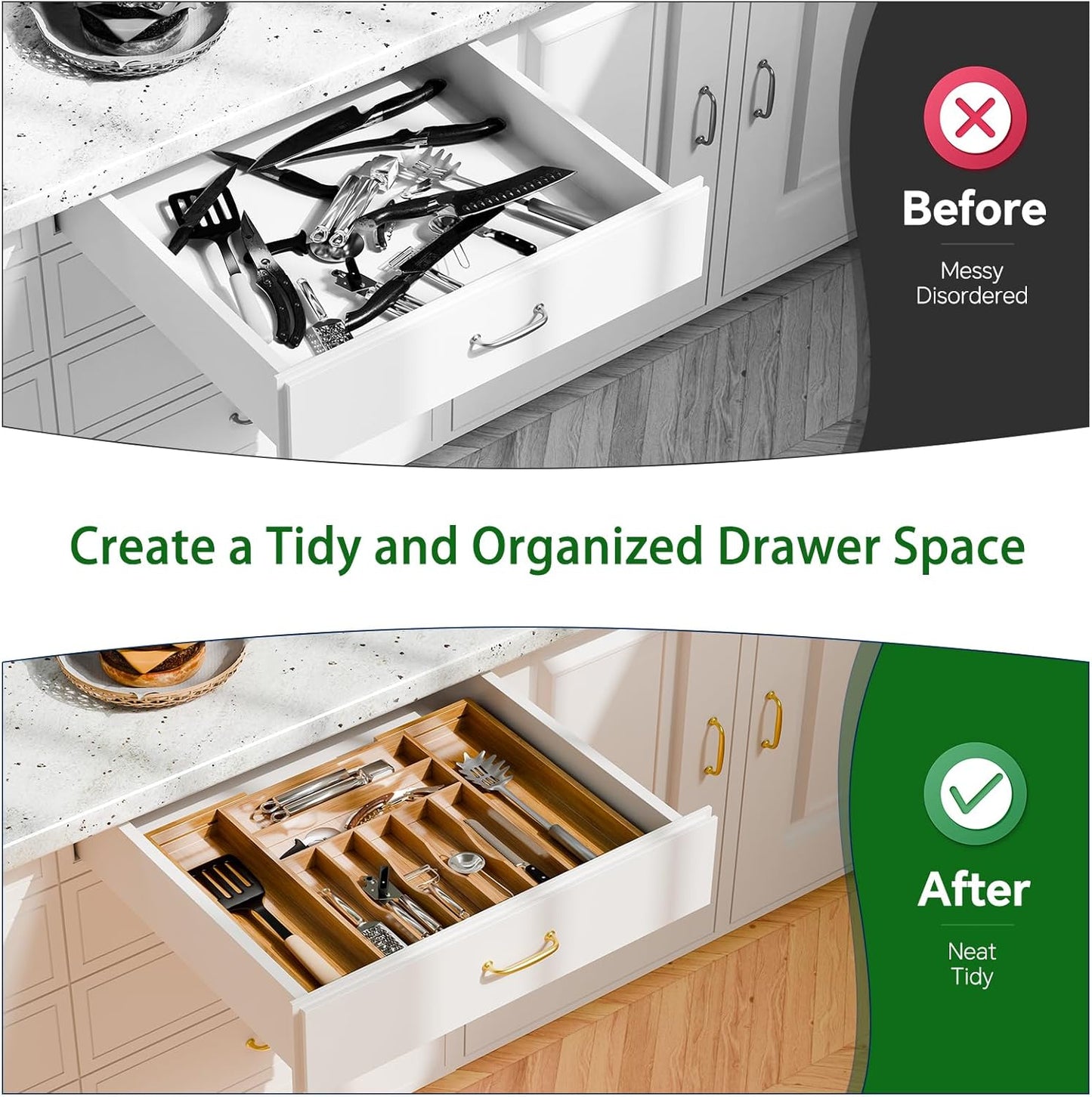 Bamboo Kitchen Drawer Organizer, Expandable Silverware Organizer