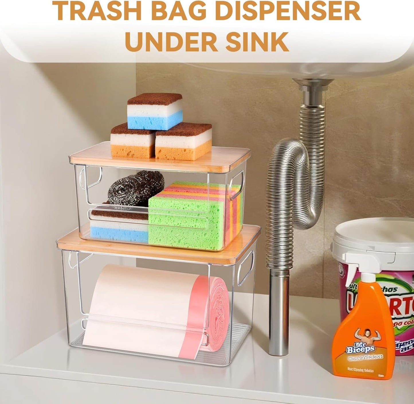 Trash Bag Holder Dispenser 2 Pack, Garbage Bag Dispenser with Bamboo Lid & Handles