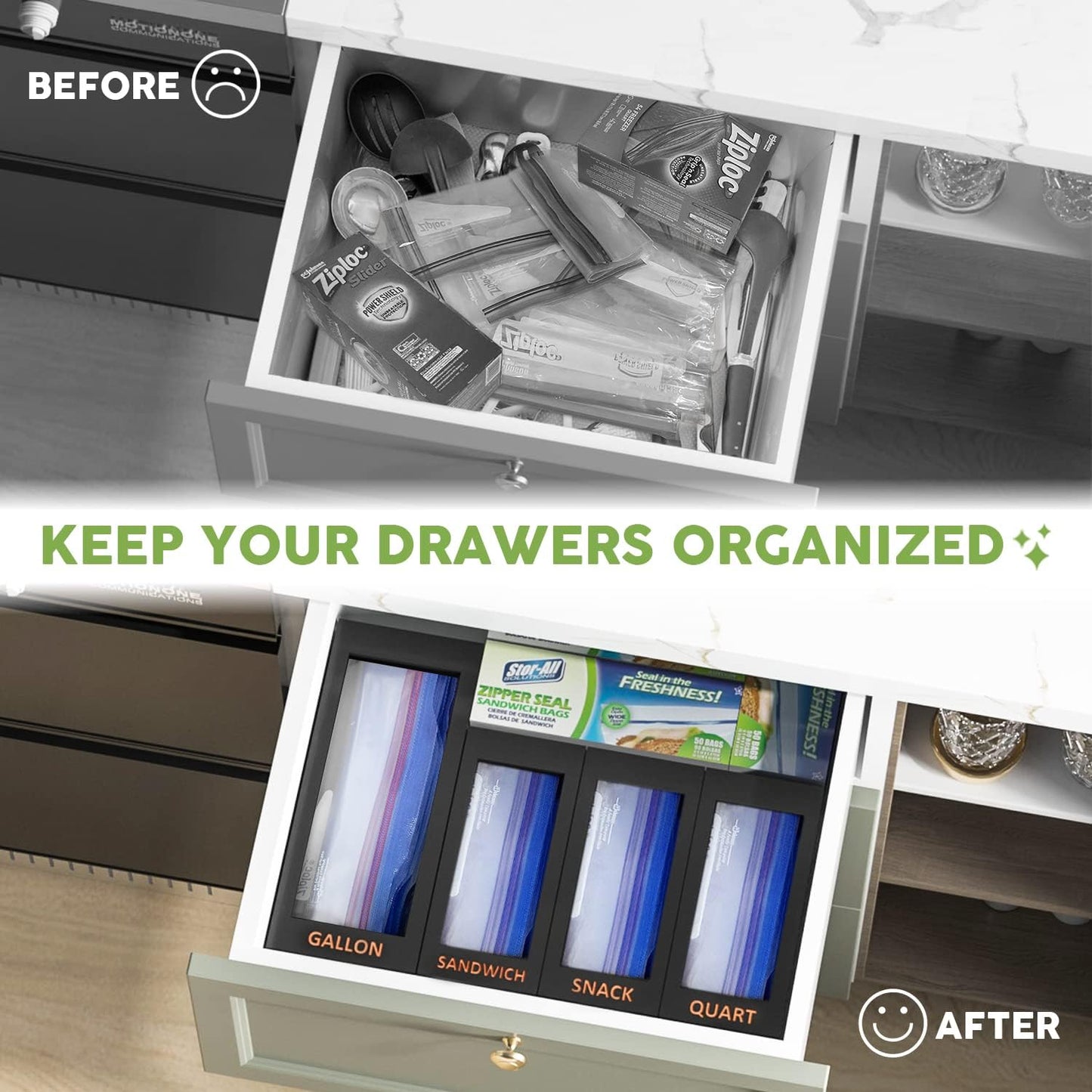 Bamboo Storage Bag Organizer for Kitchen Drawer, 4 Separate Food Storage Bag Organizer