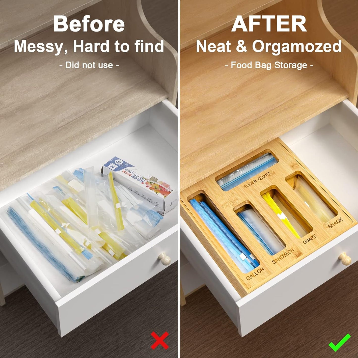 Plastic Bag Organizer for Drawer, Bamboo Food Storage Bags Container Organizer with Slider