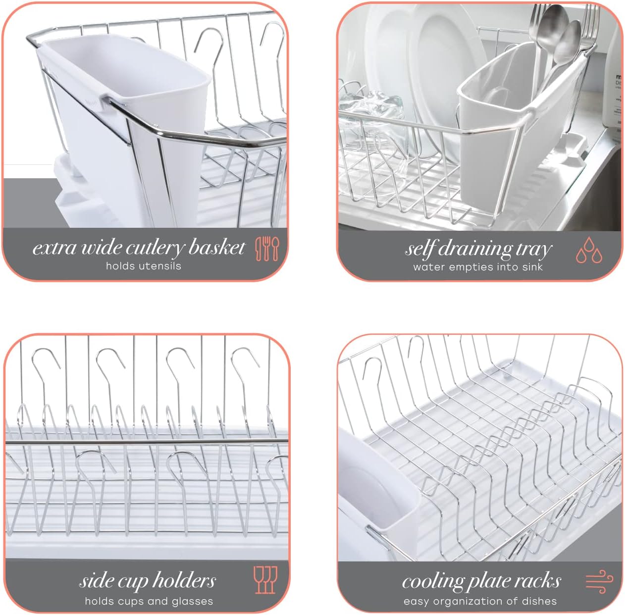 3 Piece Dish Rack | Drying Rack, Cutlery Basket & Drainboard Tray | Countertop | Self Draining | Open Wire Design | Chrome | White