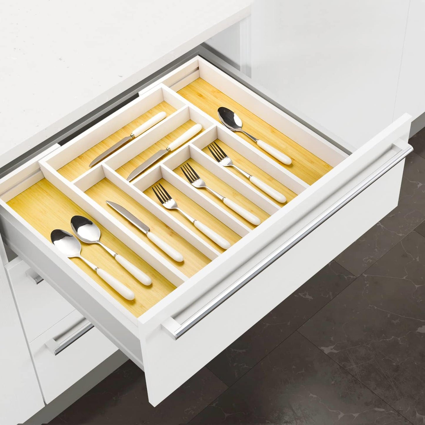 Bamboo drawer organizer, utensil holder, silverware organizer