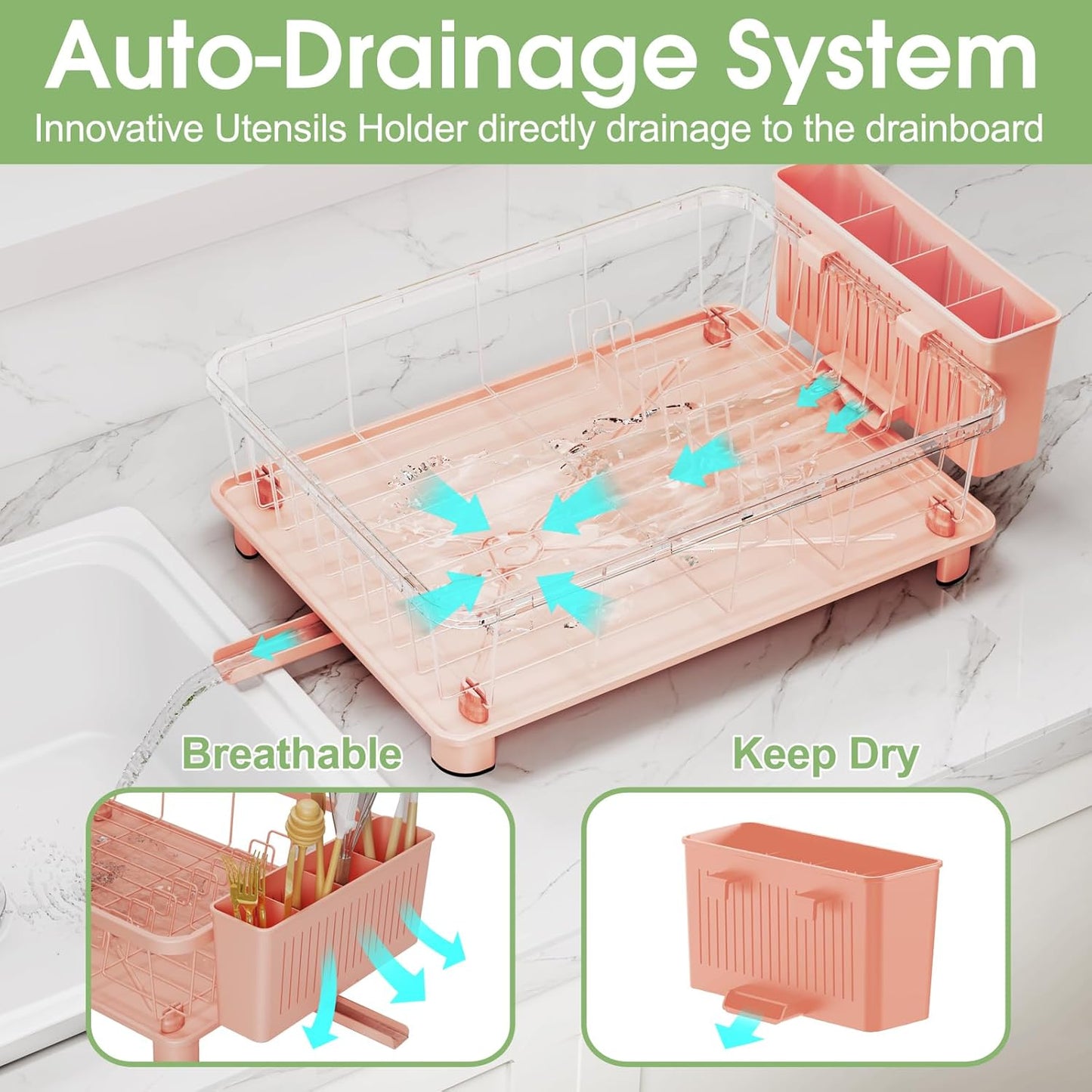 Pink Dish Drying Rack - Space-Saving Dish Rack,Dish Racks for Kitchen Counter with Drainboard