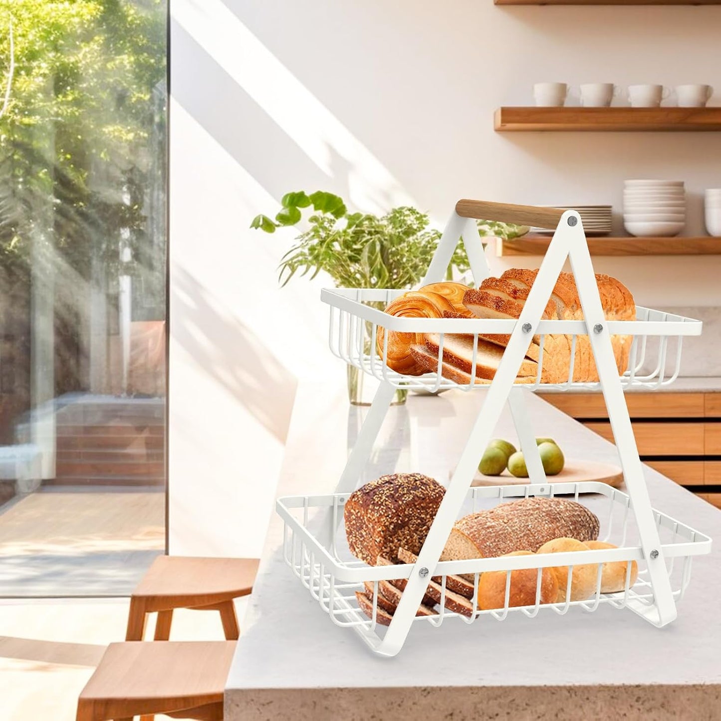 mahueeol 2 Tier Countertop Fruit Basket,Portable Fruit Bowle Basket for Kitchen Organizer Storage Fruits Vegetable Bread Snacks, Detachable Metal Rectangle Basket with wood Handle,White