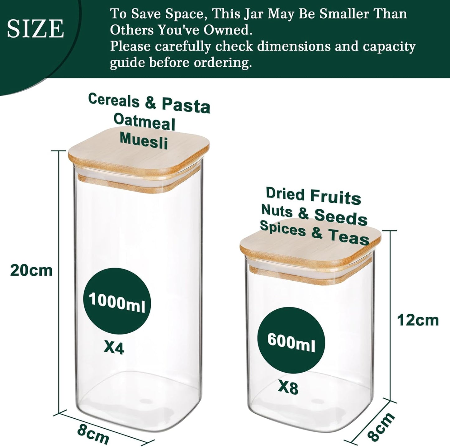 12-Pack Square Glass Storage Jars with Bamboo Lids (0.6Qt/1.06Qt)
