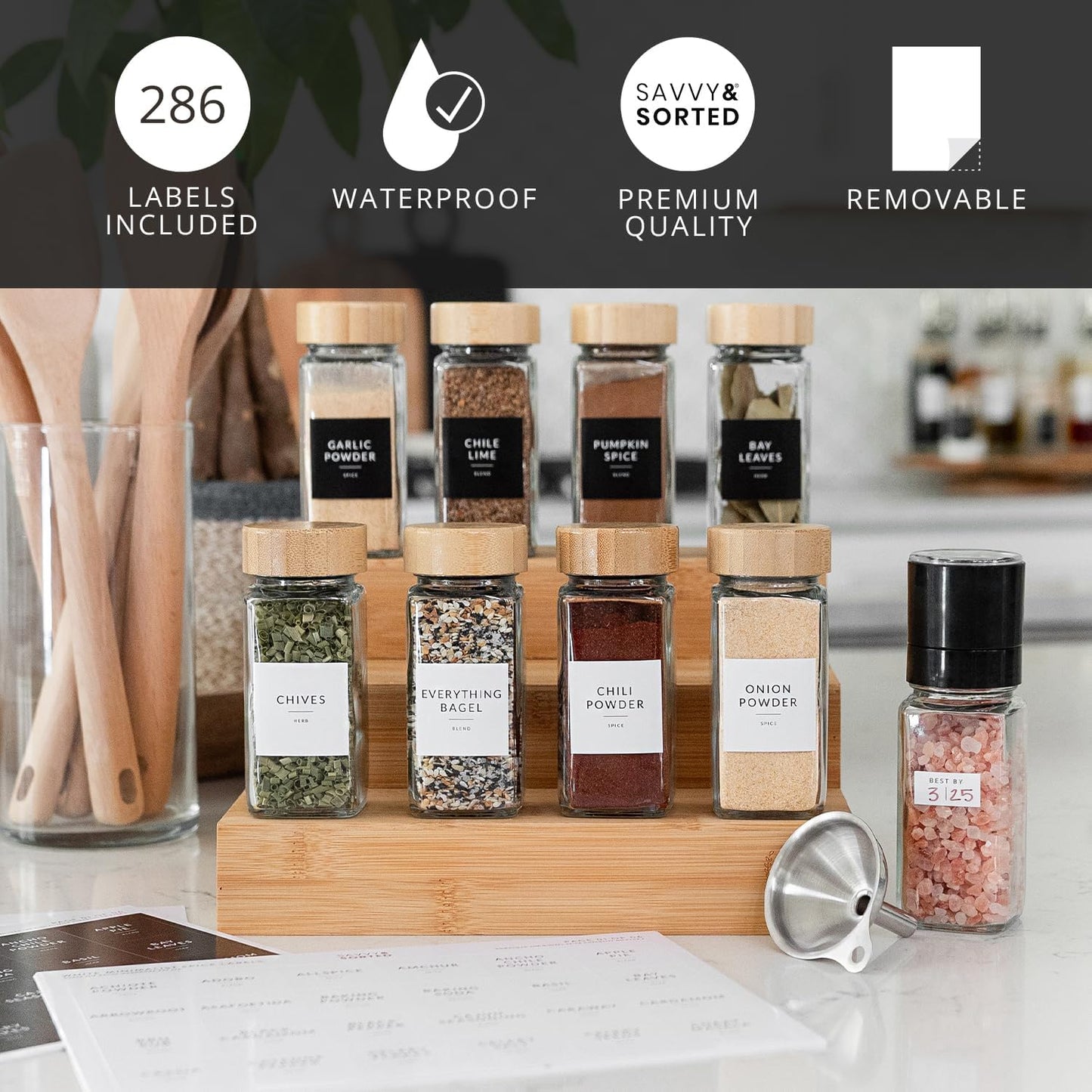 Glass Spice Jars with Label, 24PK Bamboo Jar Spices Set 4oz, 374 Spice Labels, Pepper Grinder