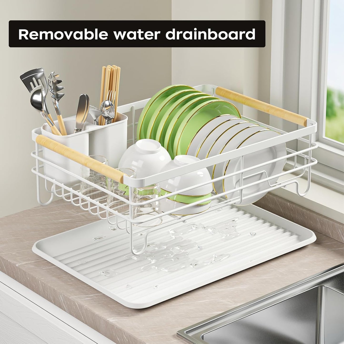 Dish Racks for Kitchen Counter: Wooden Handles, Thickened Metal