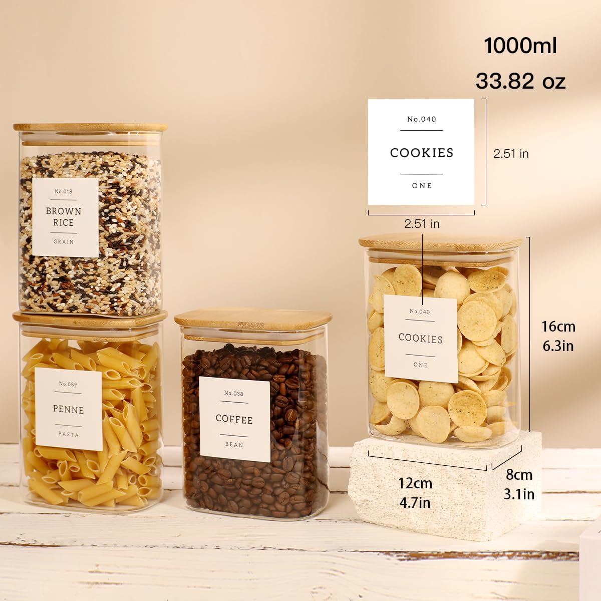 4 Pack Square Glass Pantry Storage Containers with 132 Kitchen Food Pantry Labels