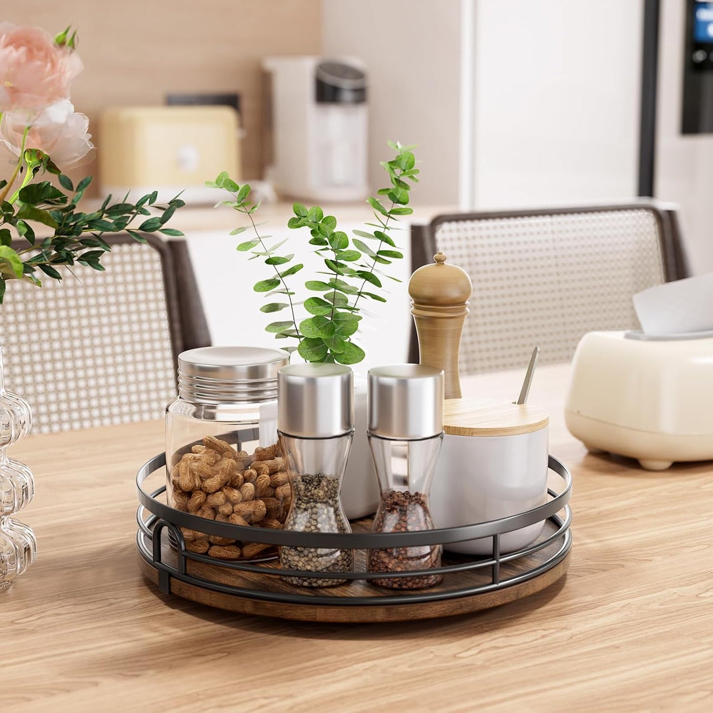 10'' Lazy Susan Turntable Organizer for Cabinet, Round Wood Lazy Susan for Table Top, Countertop