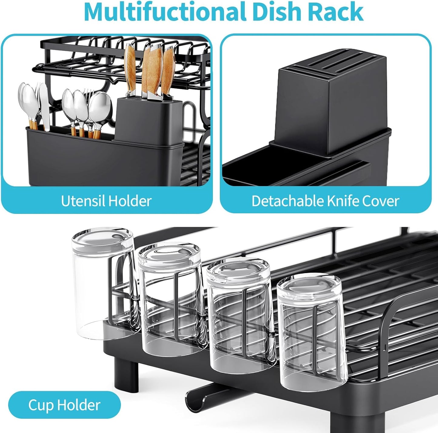 Dish Drying Rack,2 Tier Dish Drying Rack with Large Drainboard,Dish Racks for Kitchen Counter and Sink,Stainless Steel Dish Drainers with Cup ＆ Utensil Holders,Black