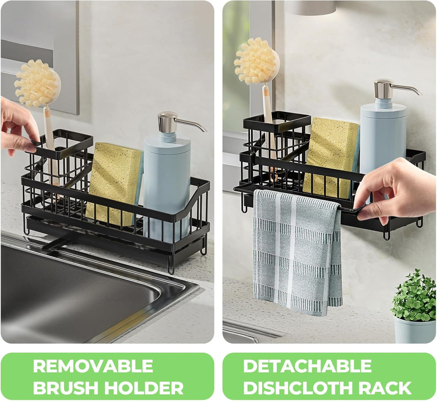 Sink Caddy kitchen Organzier with High Brush Holder, Wall-Mounted Sponge Holder for Sink