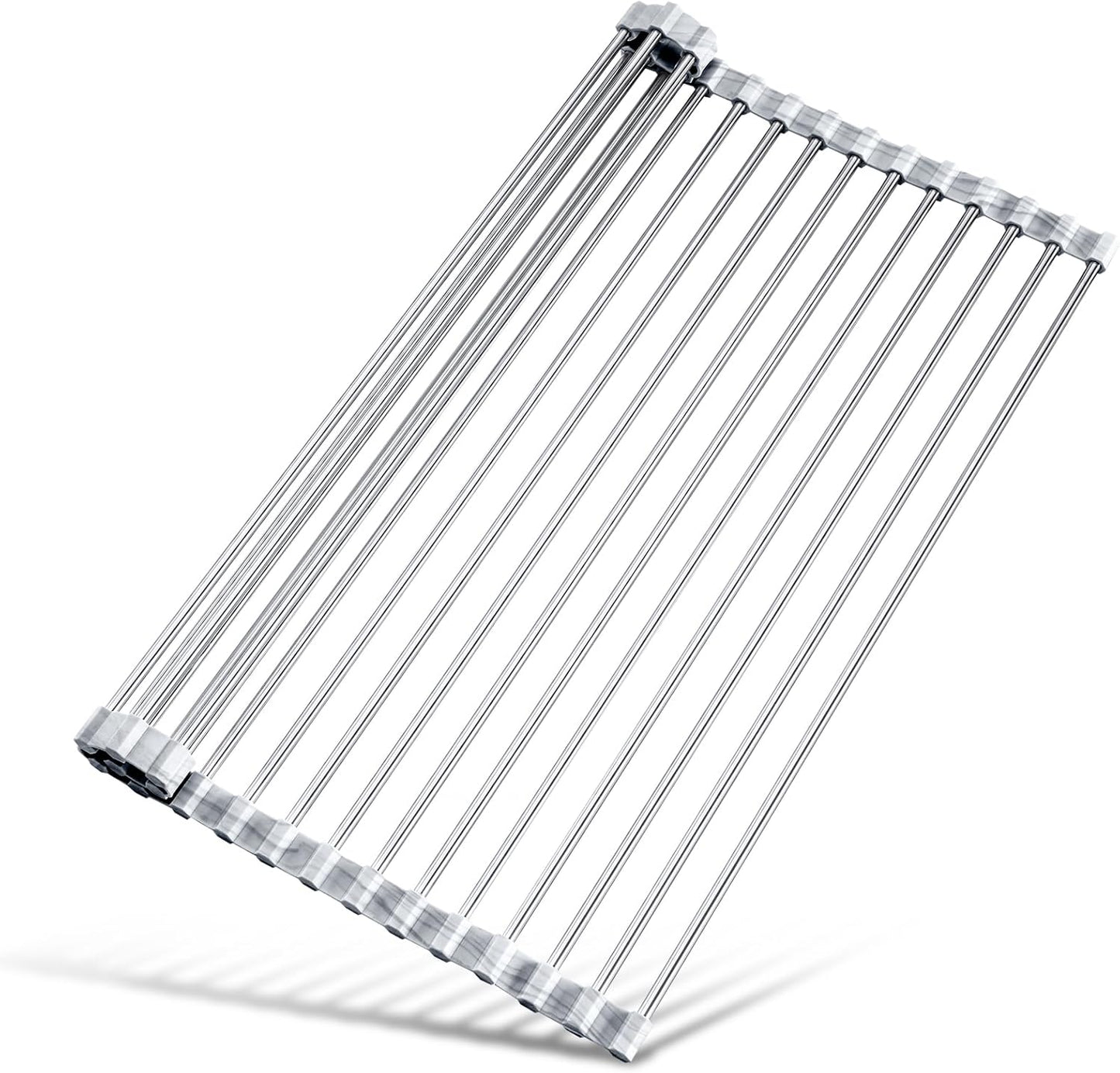 Stainless Steel Roll-Up Dish Drying Rack Marble Color Silicone Edges