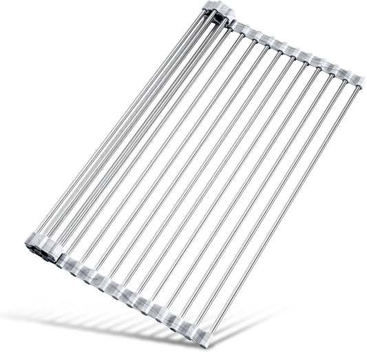 Stainless Steel Roll-Up Dish Drying Rack Marble Color Silicone Edges