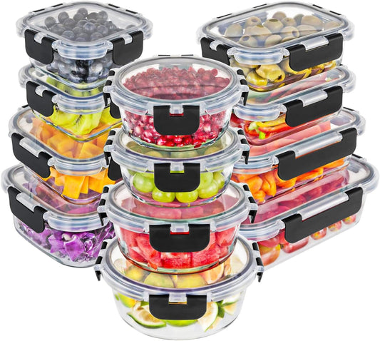 Premium Borosilicate Glass Food Storage Containers with lids Set | 24pc Sets with 12 Bowls & 12 Airtight Locking Lids for Lunch & Meal Prep, Safe for Oven, Freezer, Dishwasher, BPA-Free