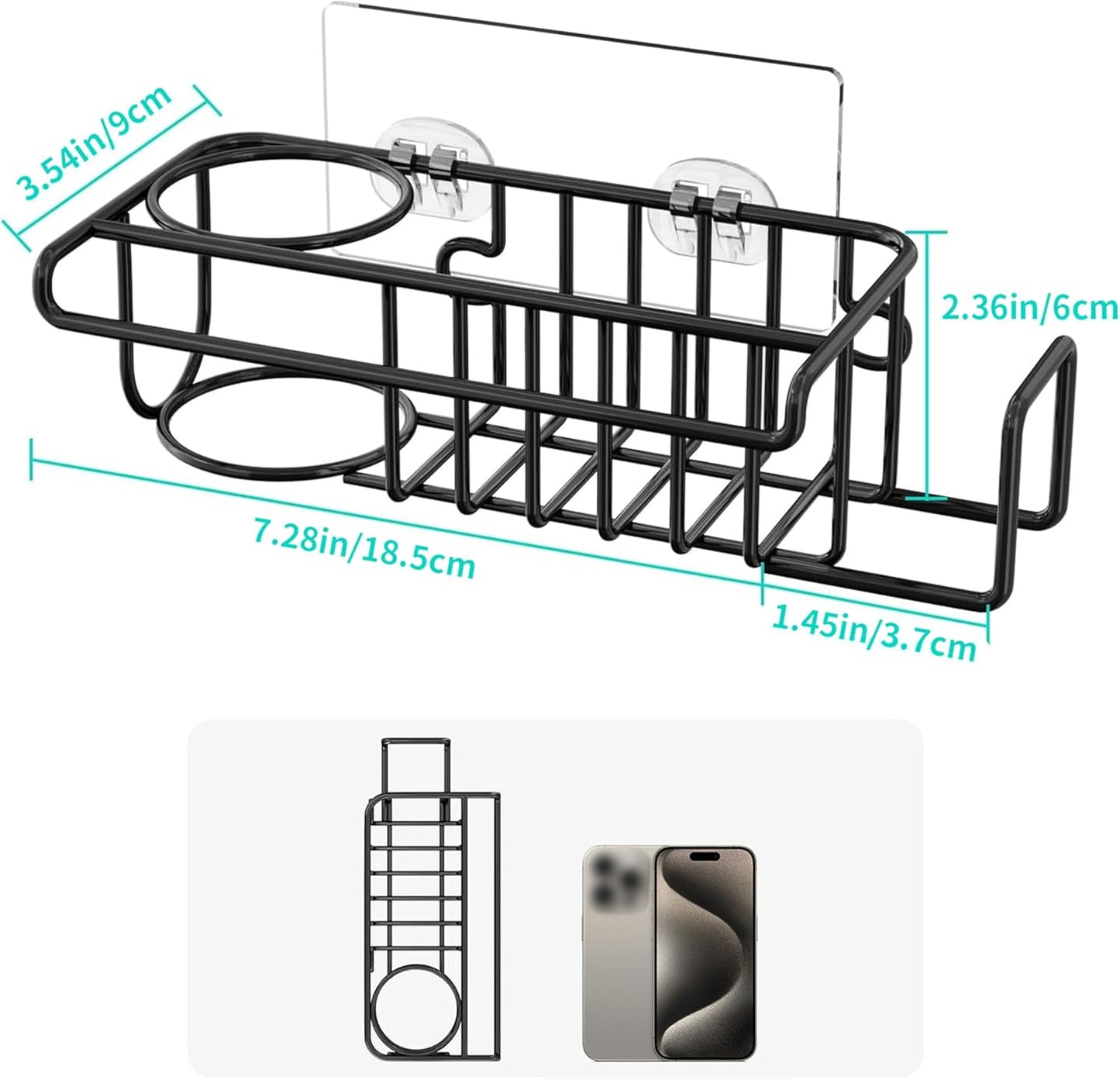4 in 1 Kitchen Organizers and Storage, SUS304 Stainless Steel Brush Holder + Dish Cloth Hanger + Soap Rack + Sink Stopper Rack, No Drill Kitchen Essentials - Black