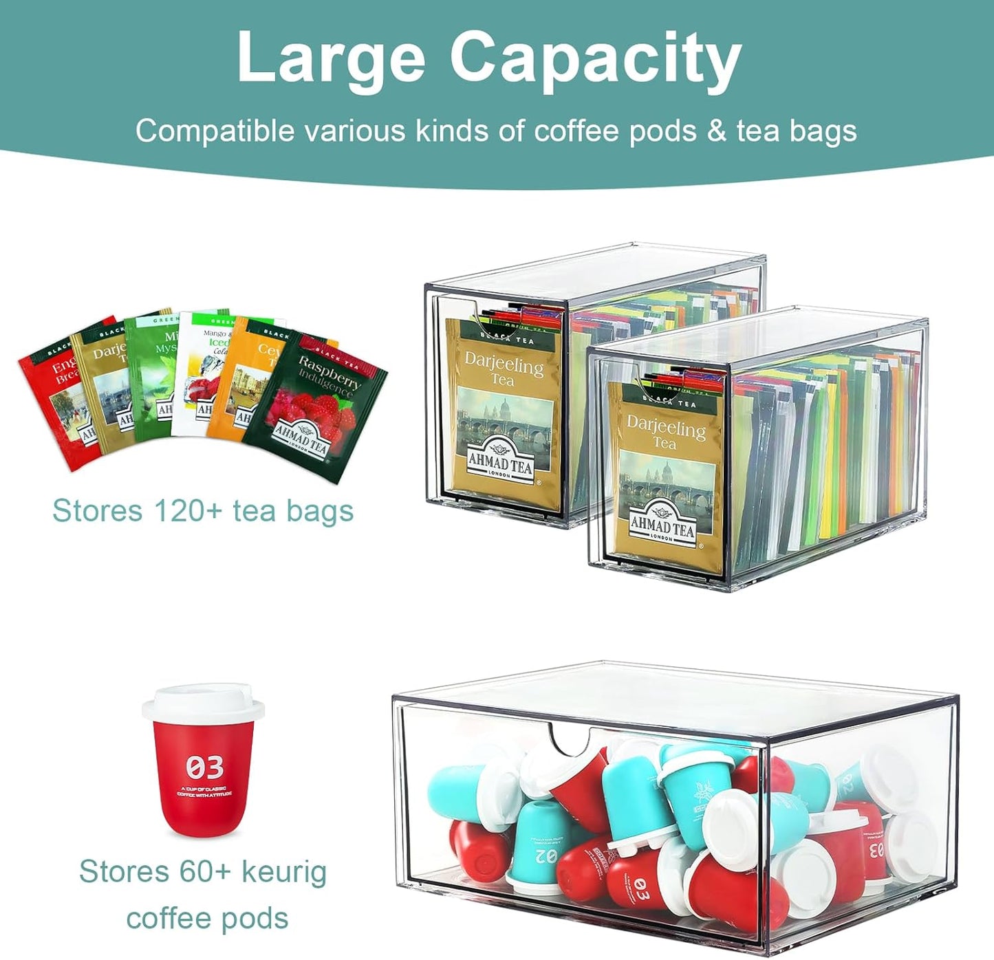 4 Tea and Coffee Organizer and Storage, Acrylic Tea Bag Holder Organizer