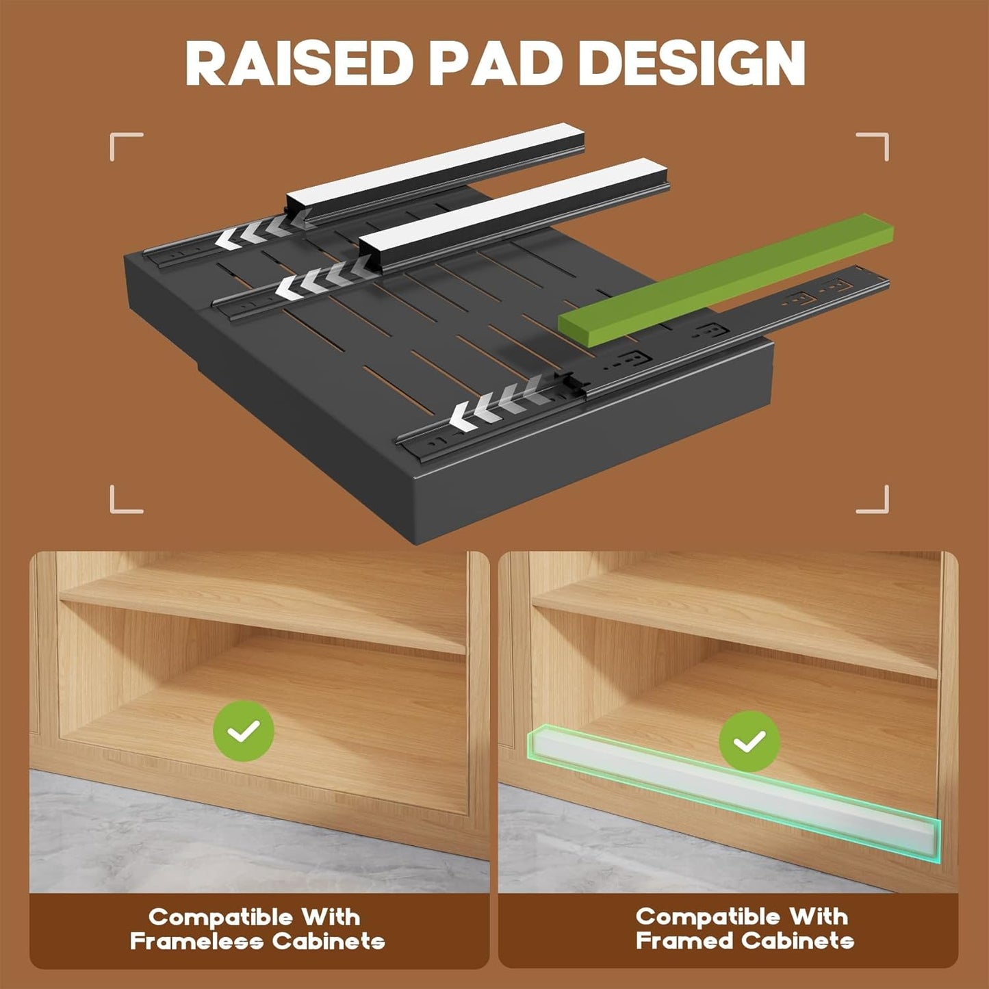 2 Pack Expandable (15.1"-26.3") Pull Out Cabinet Organizer 21" Deep With Raising Pad for Framed Cabinets,Upgrade 3 Slide Rails Slide Out Drawers,No Drill Roll Out Shelves Adhesive,Black