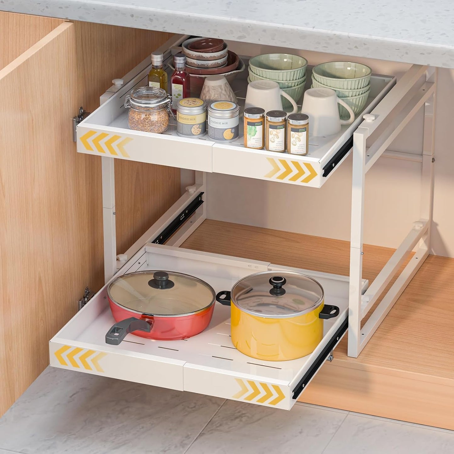 2 Tier Pull Out Cabinet Organizer, 21 inch Depth Slide Out Shelves