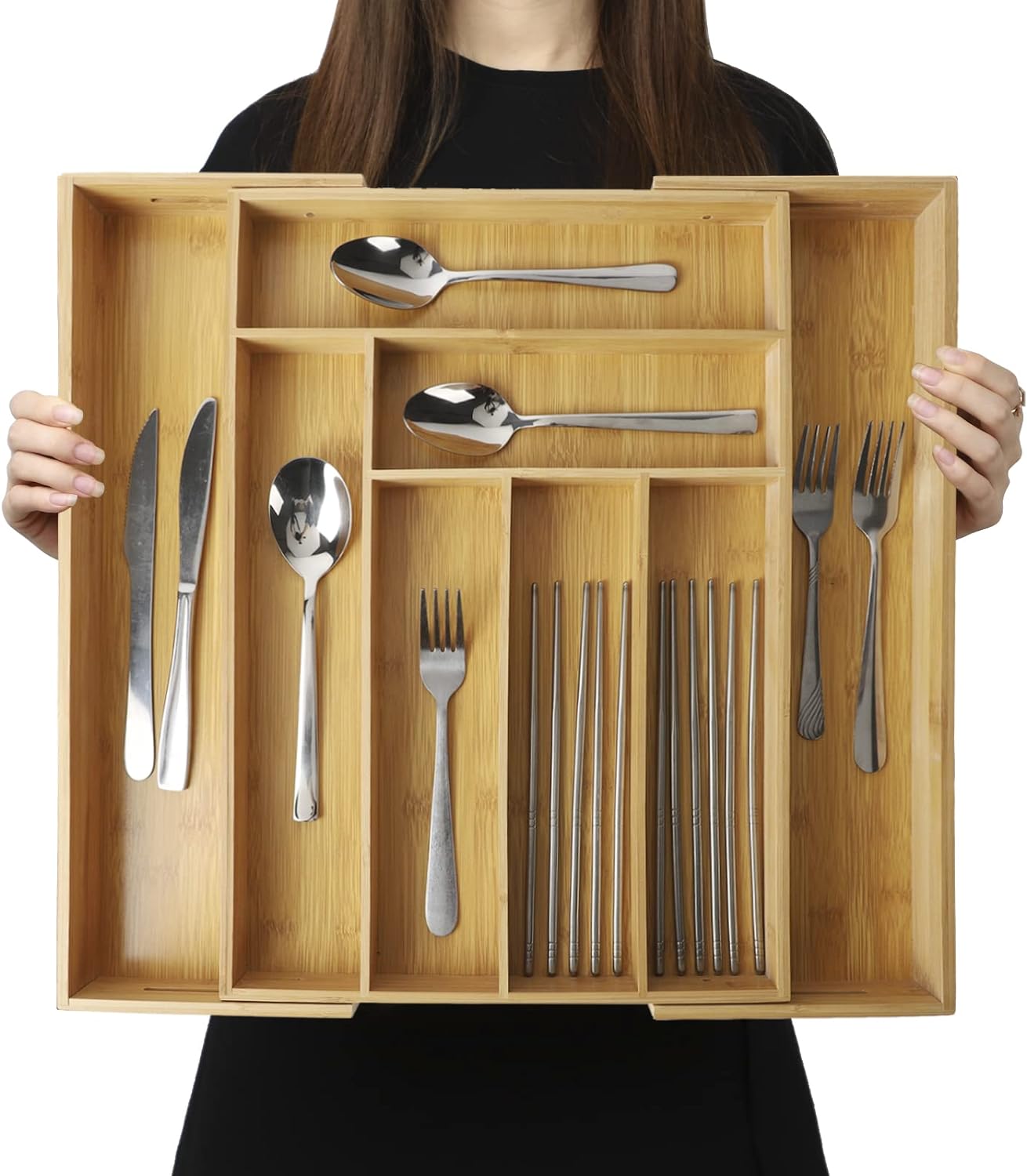 Expandable Bamboo Kitchen Drawer Organizer – Silverware Organizer