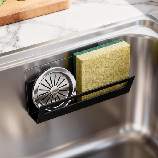 Sponge Holder for Kitchen Sink with Suction Cups & Adhesive Hook, Rustproof In-Sink Sponge Holder