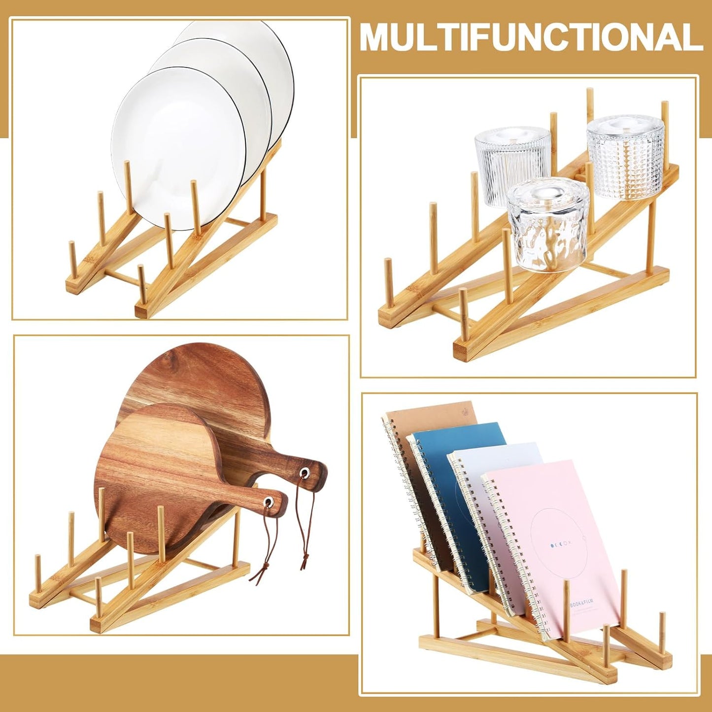 6 Pcs Wooden Bamboo Dish Drying Rack Kitchen Cabinet Organizer for Cabinet Cutting Board Display Stand for Dish Plate Bowl Water Bottles Cup Pot Lid Cutting Board