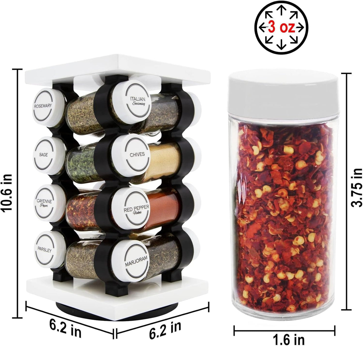 16 Jar Rotating White Spice Rack with Spices Included & 5-Year Spice Refill Program – Compact Countertop Spice Rack with Glass Jars