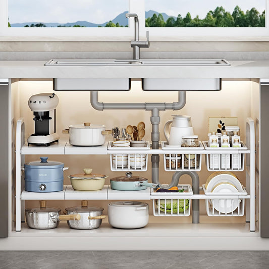 Under Sink Organizer，2 Tier Expandable Heavy Duty Metal Shelf，with 5 Removable Panels and 5 Storage Basket for Under Kitchen Bathroom Sink Organizers and Storage(White, Large)