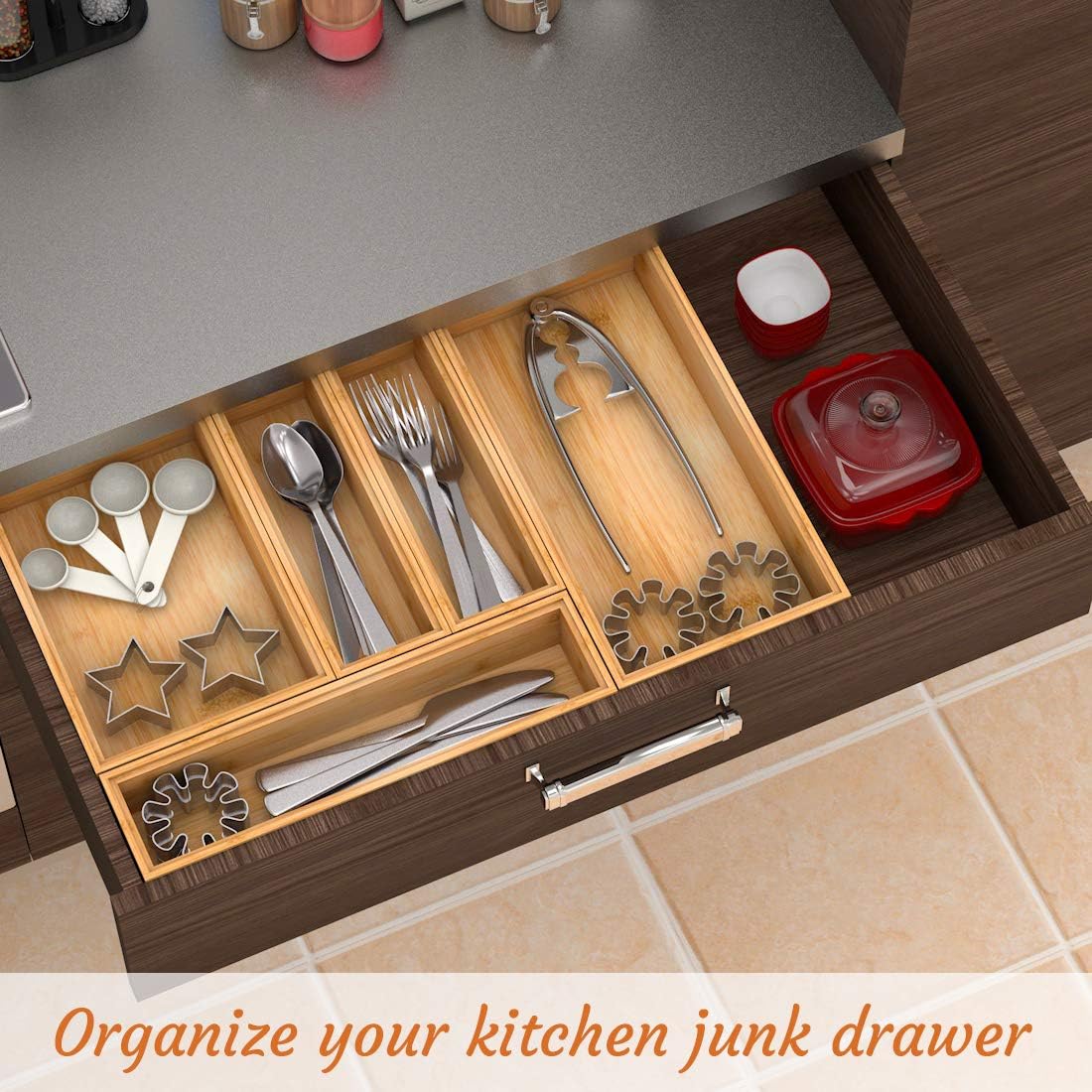 Utensil Organizer Silverware Drawer Organizer - Stackable Bamboo Flatware Caddy Cutlery Holder