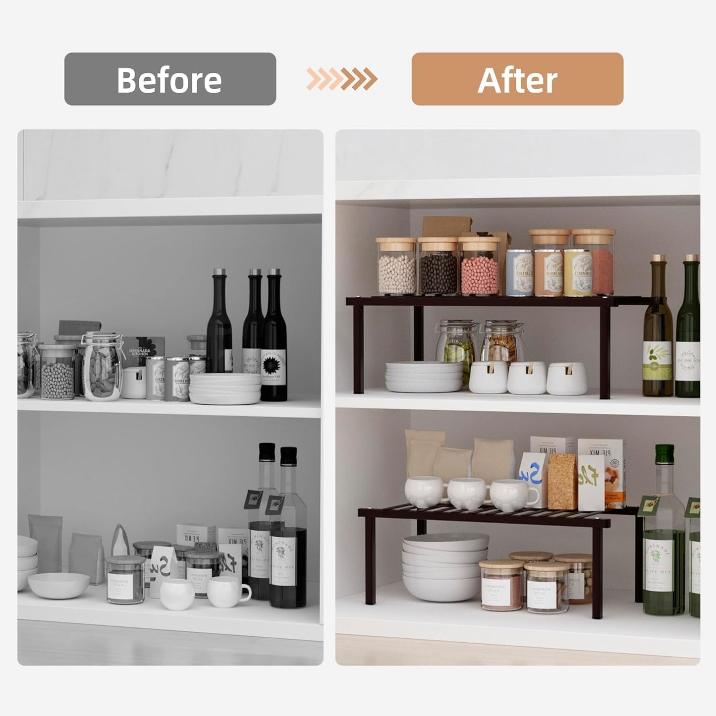Set of 4 Expandable Kitchen Cabinet Organizer Shelf Kitchen Counter Shelves Spice Rack Kitchens Storage Wire Shelf Adjustable Metal Pantry Storage for Plate Dish, Brown