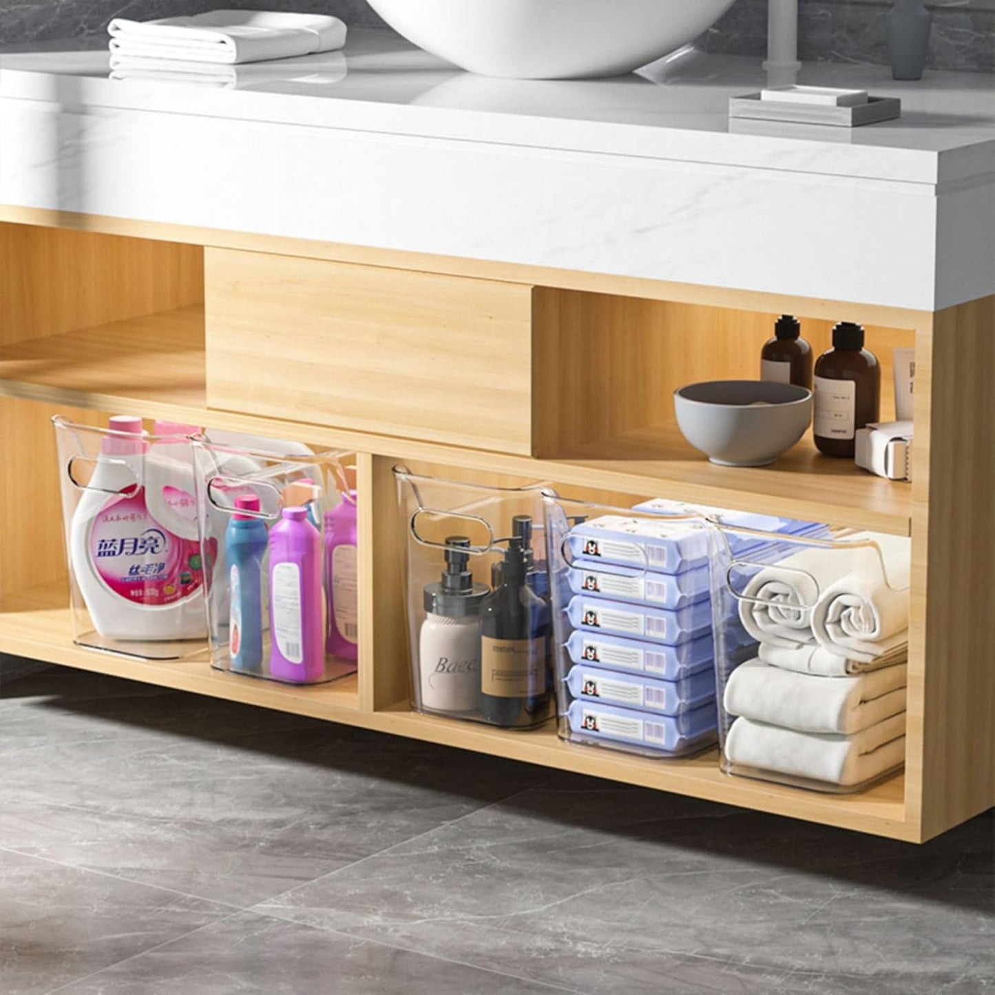 Tall Narrow Clear Bins with Dividers, Plastic Containers for Organizing Kitchens and Bathrooms