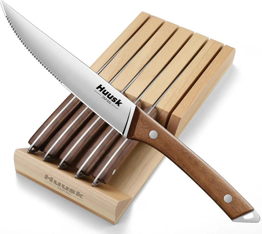 Steak Knives Set of 6 with Drawer Organizer-4.5 in Japanese Serrated Steak Knife Set with Block