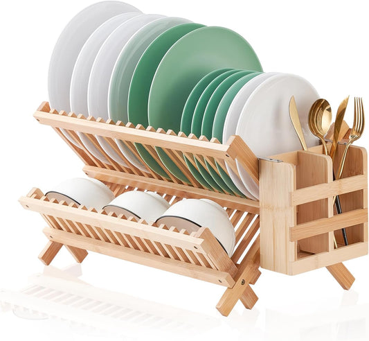 Bamboo Dish Drying Rack, 2 Tier Collapsible Dish Rack with Utensil Holder