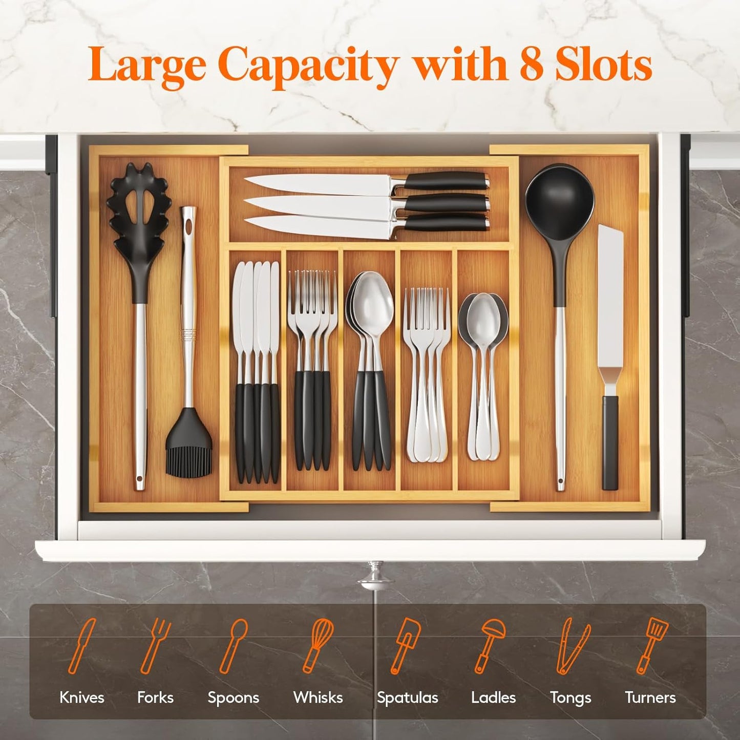 Silverware Drawer Organizer, Expandable Utensil Tray for Kitchen, Flatware and Cutlery Holder
