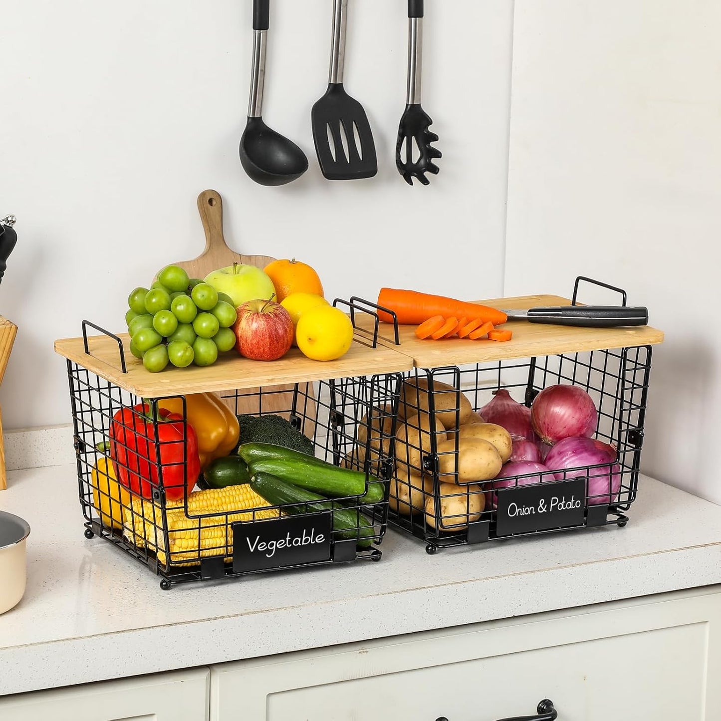 2 Set Large Stackable Wire Basket with Bamboo Tops & Tag- Pantry Organizer and Storage Bins