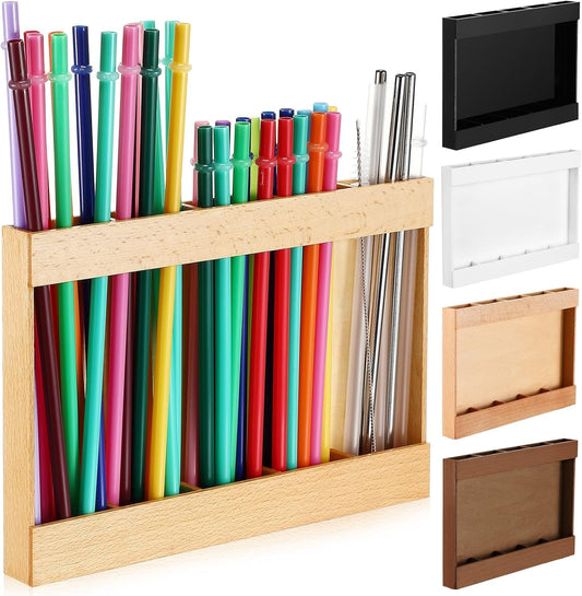 Wooden Straw Holder for Cabinet Door with Double Sided Adhesive Tape Tumbler Straw Organizer for Cupboard Reusable Tumbler Storage Container for Kitchen Counter(Wood Color)