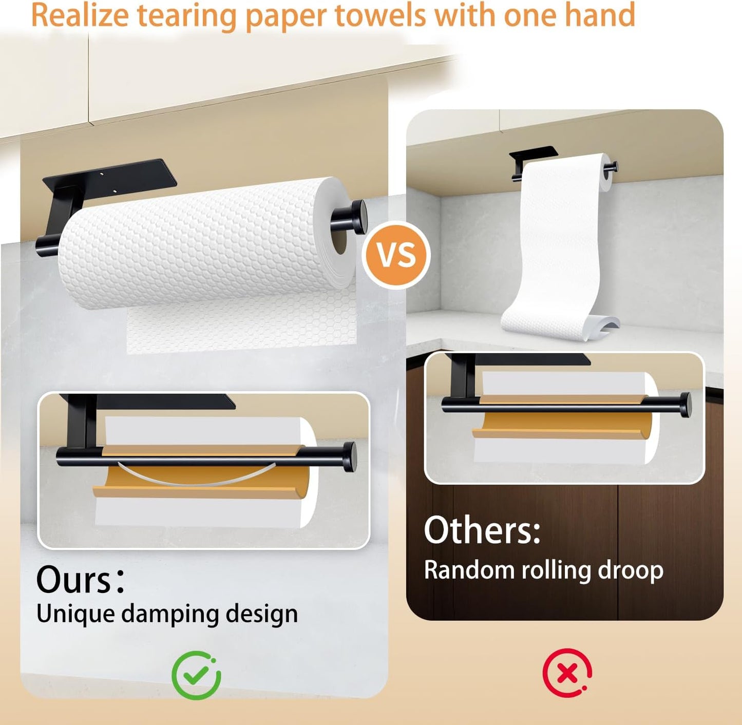 Paper Towel Holder Under Cabinet, Single Hand Operable Tearing Off Paper Towels with Damping Effect, Both Available in Adhesive and Screws, Stainless Steel (Black)