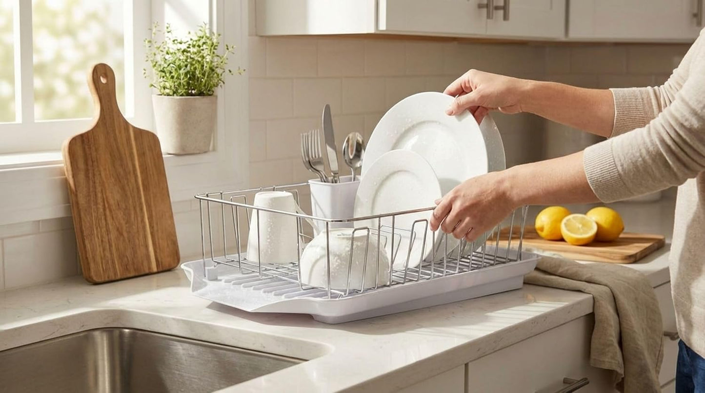 Classic Large Rust Resistant Full Dishrack with Removable 3 Compartment Flatware Caddy