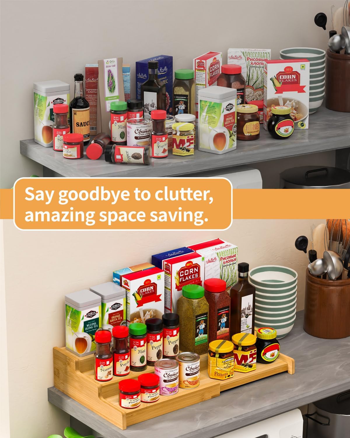Spice Rack, 3-Tier Expandable Bamboo Spice Rack Organizer for Cabinet - Kitchen