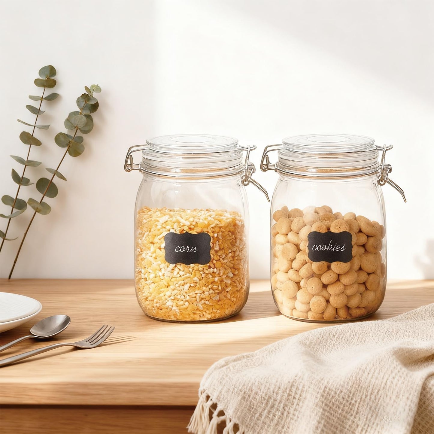 Glass Kitchen Storage Canister Mason Jars with Lids,32oz Airtight Glass Canister with Hinged Lid，Perfect for Kitchen Canning Cereal,Pasta,Sugar,Beans (Labels & Chalk Marker)-Set of 4